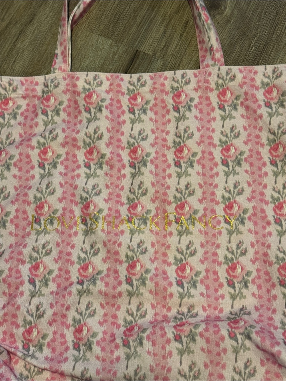 Love Shack Fancy Pink Floral Canvas Tote Bag with Rose Pattern - Picture 3 of 5